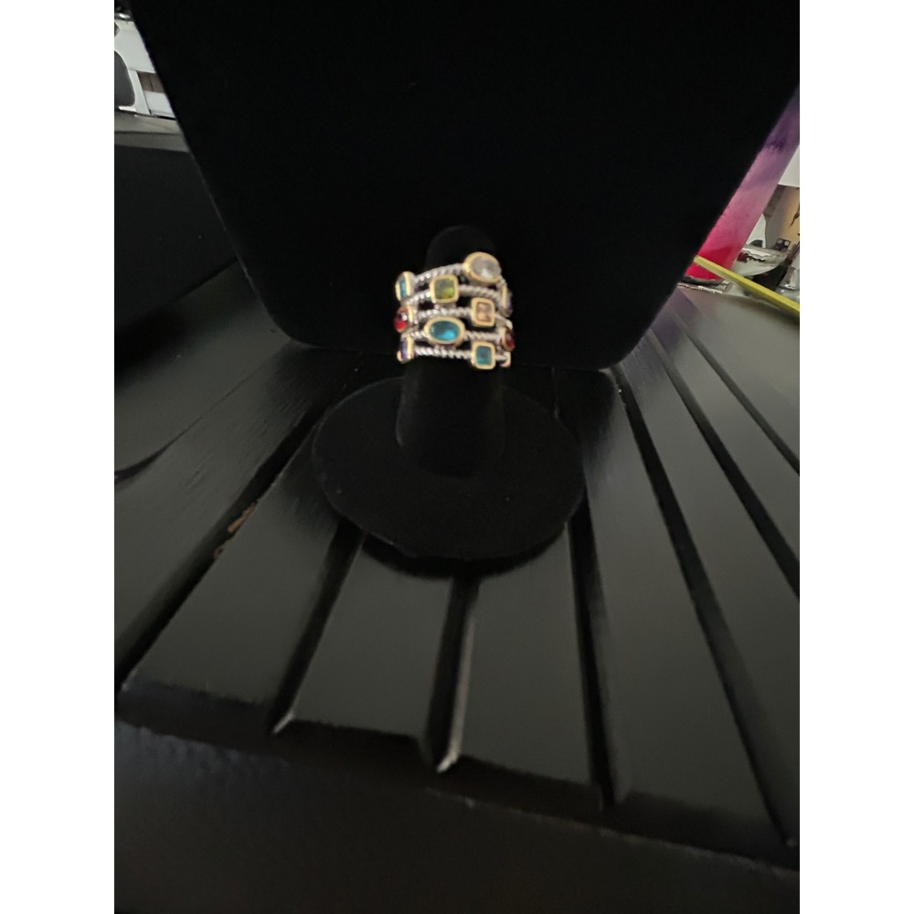 Multi Color Gemstone Statement Ring Silver Gold Tone Wide Cable Band Mixed Metal